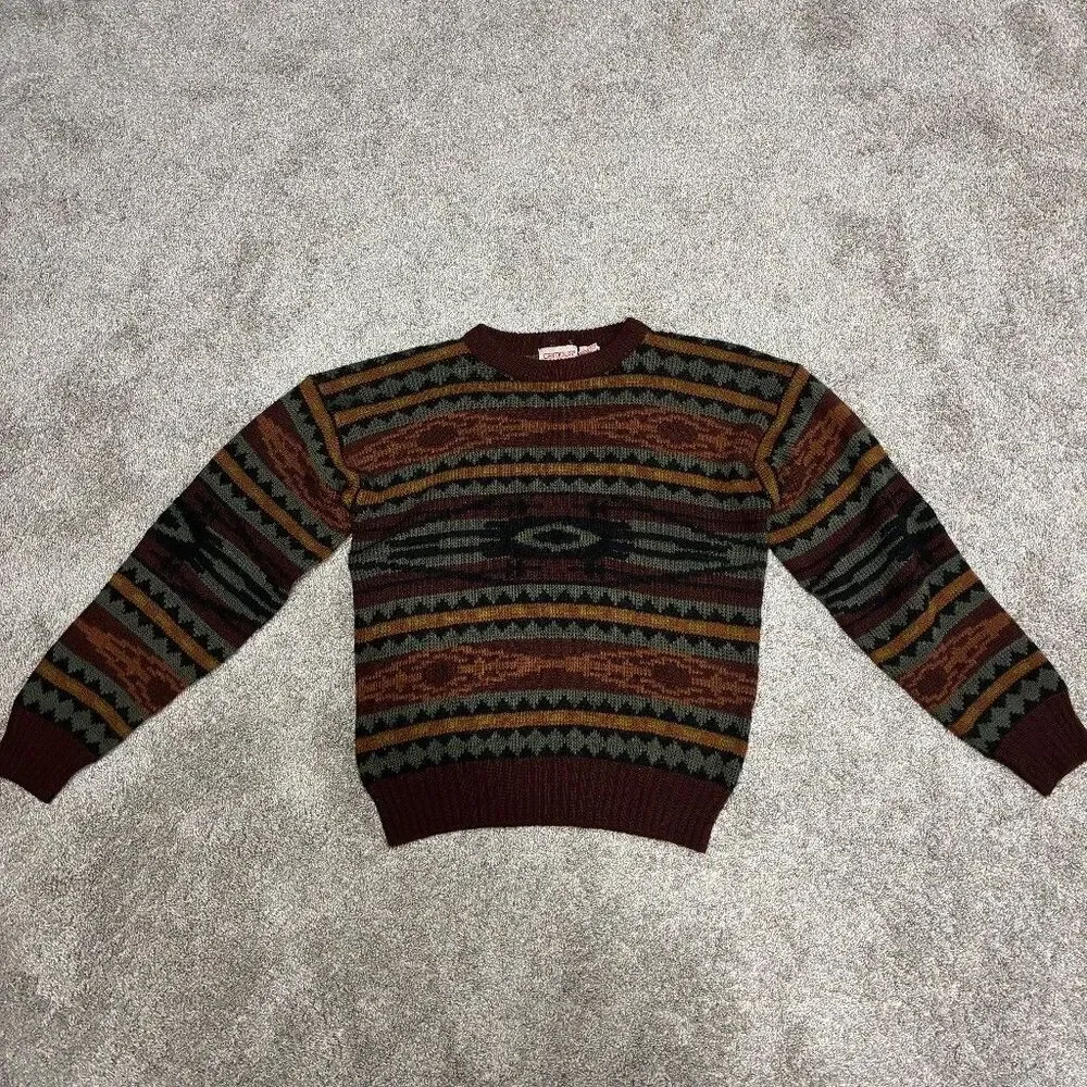 Vintage Campus Grandpa Sweater Men’s Medium - Green Brown Aztec Geometric 80s